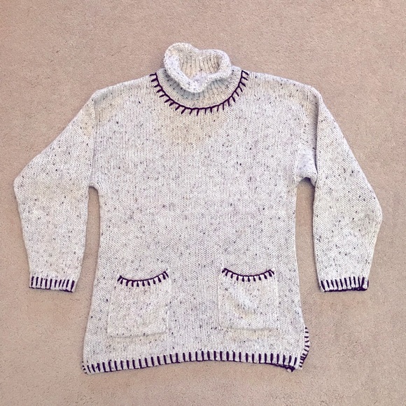Vintage Rollneck Tunic Sweater Womens Medium Light Tan Brown Wool Blend Pockets - Picture 1 of 8